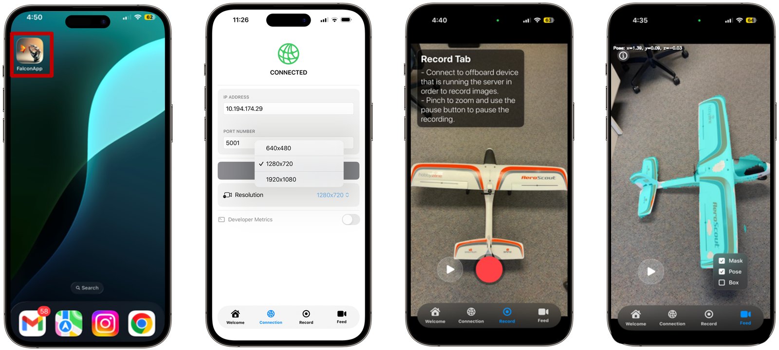 The iOS client: connect, record a two-minute capture, then view live mask and pose predictions streamed from the backend.