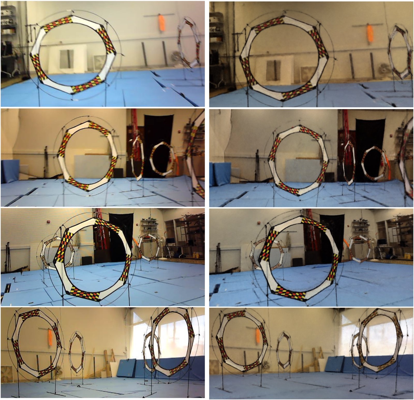 Real camera frame vs. FalconGym NeRF render of the same arena: the photorealism that makes zero-shot transfer work.